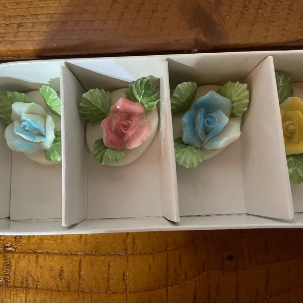 Vintage Stafford Porcelain Roses Set of 6 Pink Blue Yellow